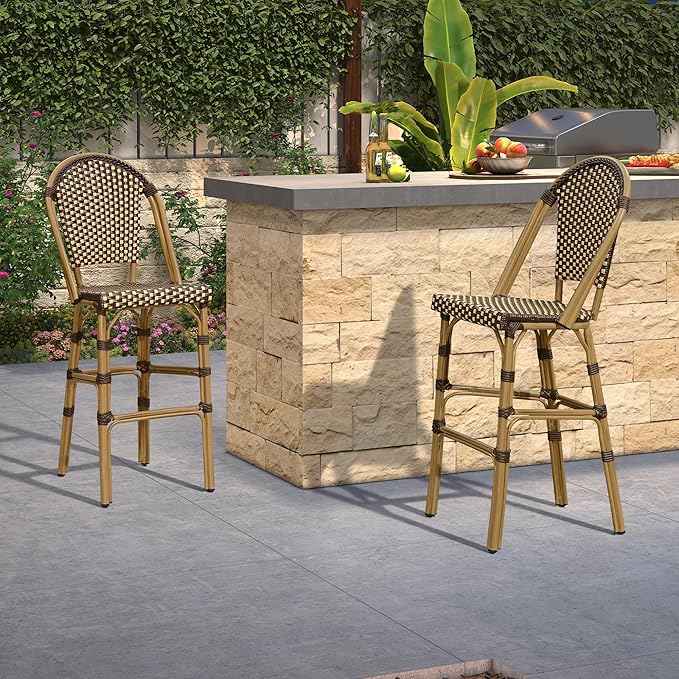 PURPLE LEAF French Bar Stool Set of 4 Bamboo Print Finish Patio Bar Stools - Image 3