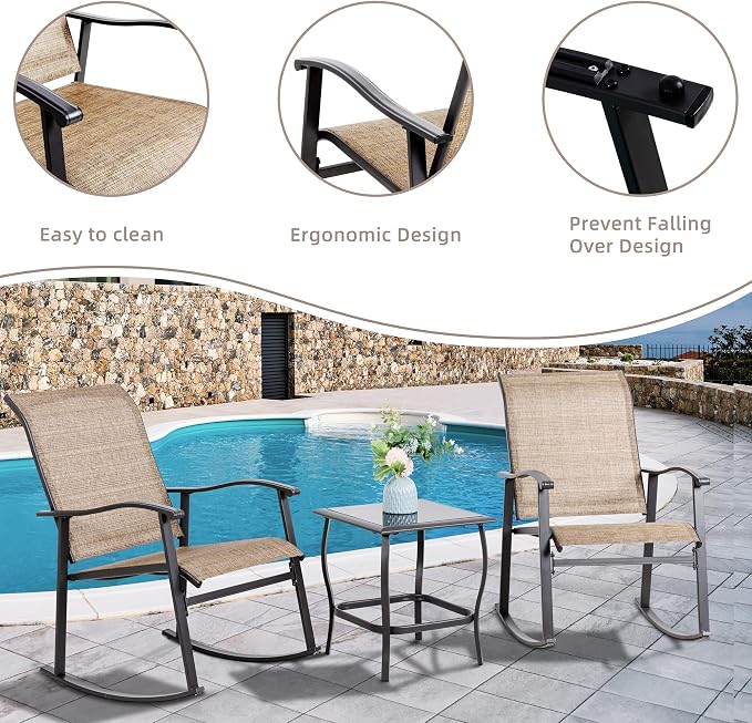 Vongrasig 3 Piece Outdoor Rocking Bistro Set, Textilene Fabric Small Patio - Image 3
