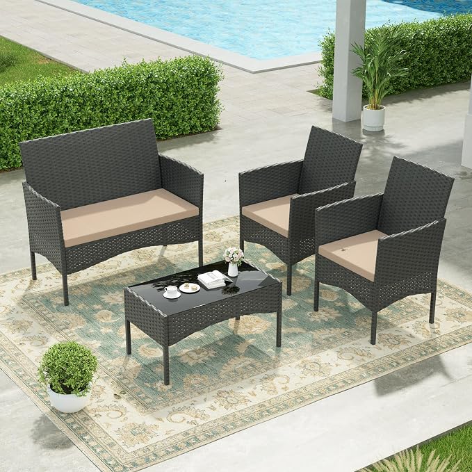 Kullavik 4 Pieces Outdoor Patio Furniture Set, PE Wicker Rattan Chairs Garden - Image 7