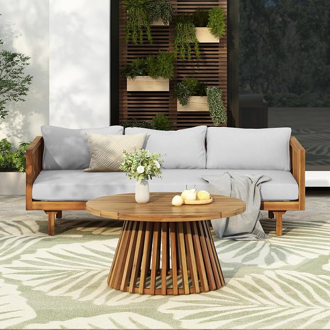 Merax Outdoor Acacia Wood Conversation Set, 3-Seat Loveseat Sofa w/Coushion and by Merax