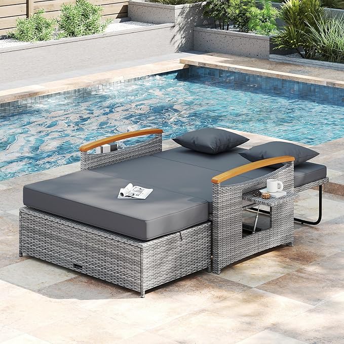 LDAILY Moccha Outdoor Wicker Daybed, Patio Rattan Loveseat Sofa w/ 4-Level - Image 7