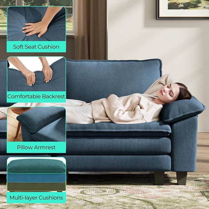 LINSY HOME 123'' Modular Sectional Sofa Blue Couch Corduroy Cloud Couches - Image 4