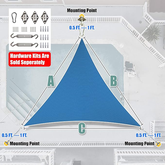 Amgo 20' x 20' x 20' Blue Triangle Sun Shade Sail Outdoor Canopy Awning UPF50+ - Image 8