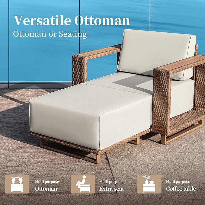 2 Pieces Patio Furniture Set, Outdoor Rattan Wicker Armchirs and Ottomans - Image 7