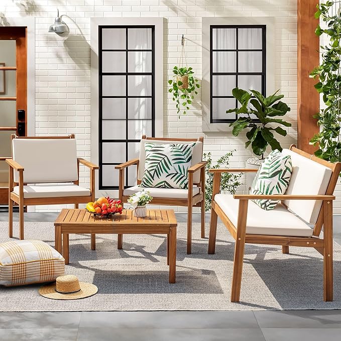 Flamaker Patio Furniture 4 Piece Outdoor Acacia Wood Patio Conversation Sofa Set - Image 2