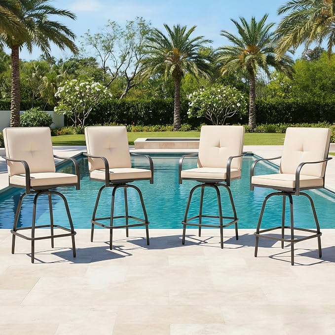Patio Swivel Bar Stools Set of 4, Outdoor Bar Height Swivel Chairs by STRPRETTYBASIC