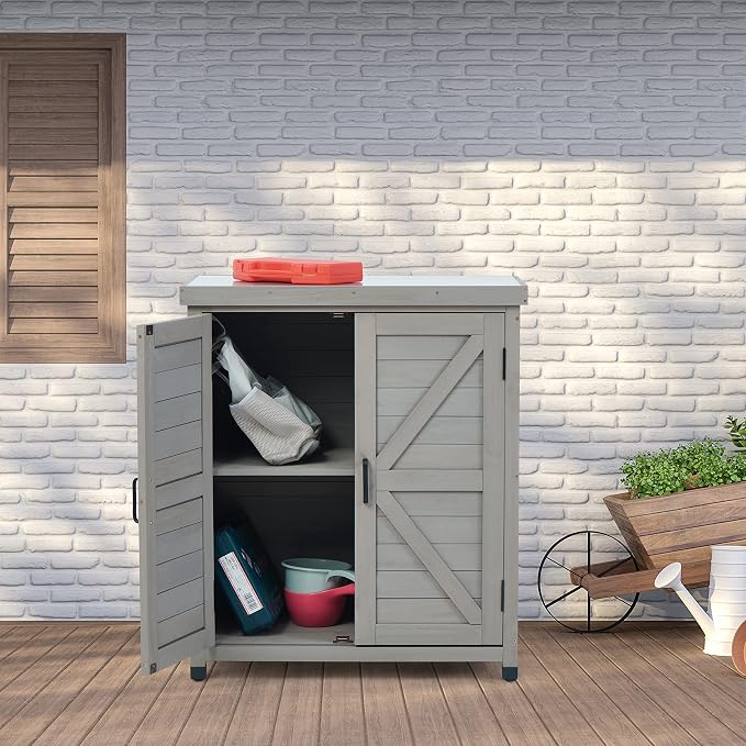 Outdoor Potting Bench with Storage Cabinet and Metal Top, Wood Workstation - Image 6