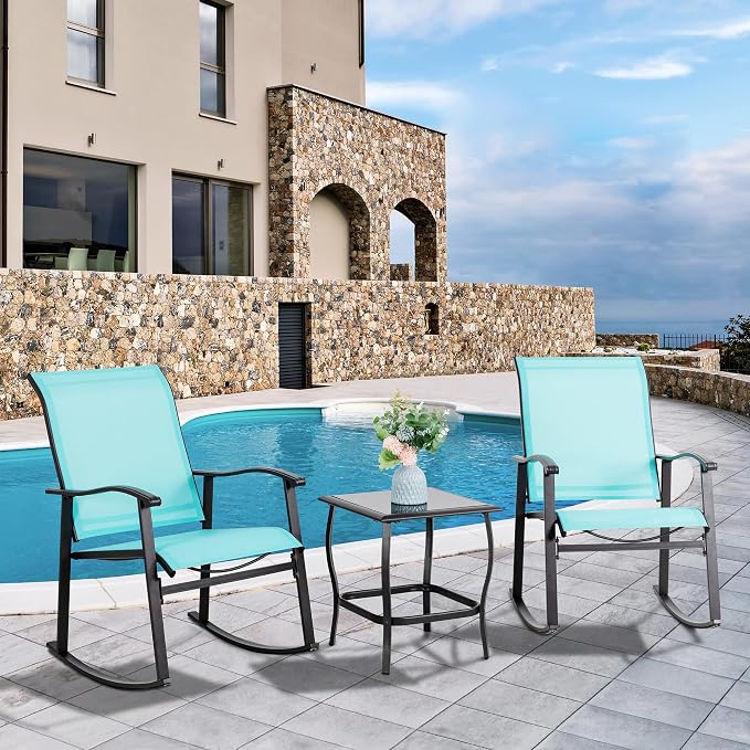 Vongrasig 3 Piece Outdoor Rocking Bistro Set, Textilene Fabric Small Patio - Image 2