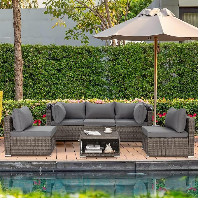 Vicluke 6 Pieces Patio Furniture Sets Outdoor Sectional Sofa Set Rattan Daybed - Image 8