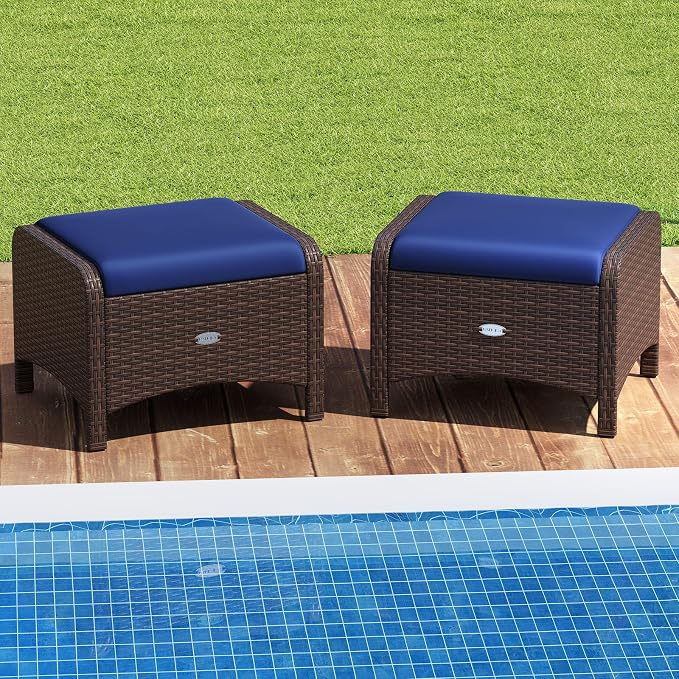 Tangkula 2 Pieces Outdoor Patio PE Wicker Ottomans - Image 2
