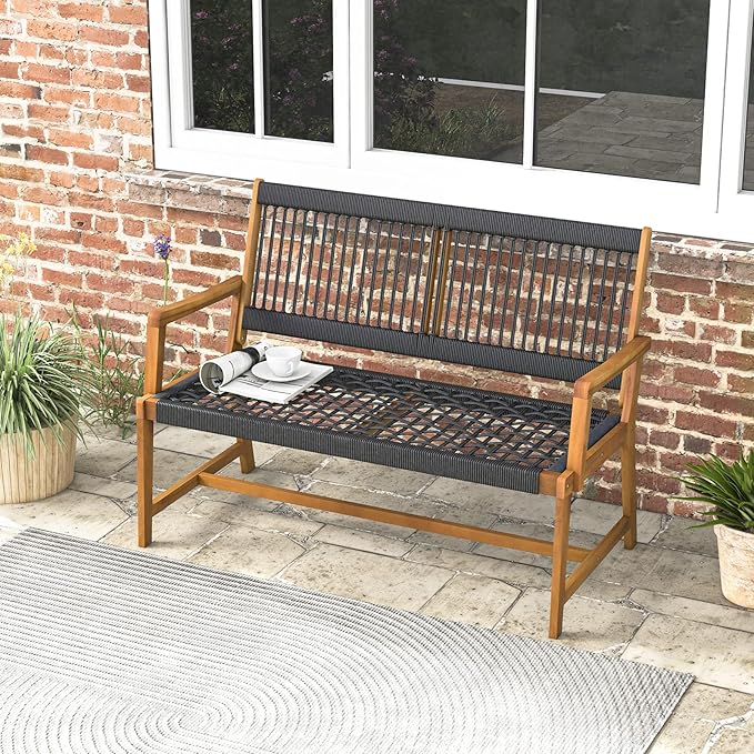Tangkula Outdoor Acacia Wood Bench, All-Weather Rope Woven Garden Bench - Image 2