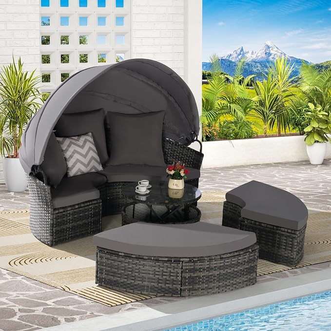 Merax 5 Pieces Outdoor Patio Round Daybed Furniture, All-Weather Wicker - Image 3