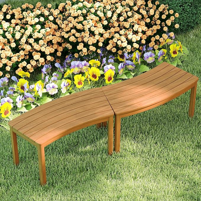 Tangkula Acacia Wood Outdoor Curved Bench Set of 4, Patio Garden Backless Fire - Image 3