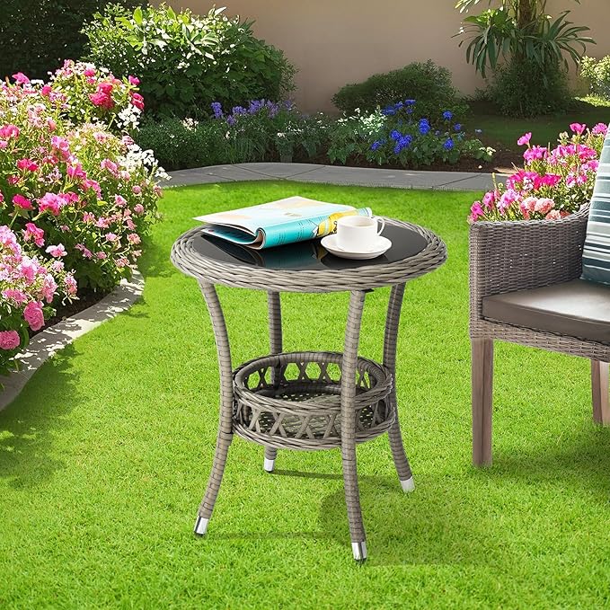 VINGLI Outdoor Wicker Side Table, Patio Side Tables - Image 2