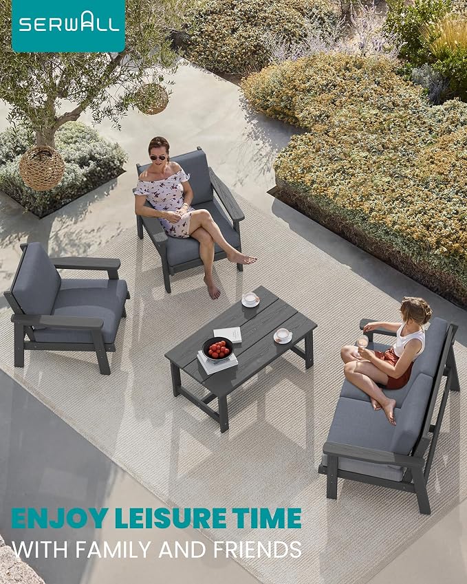 SERWALL 4 Piece HDPE Outdoor Furniture Set, All Weather Wood-Like Outdoor Sofa - Image 9