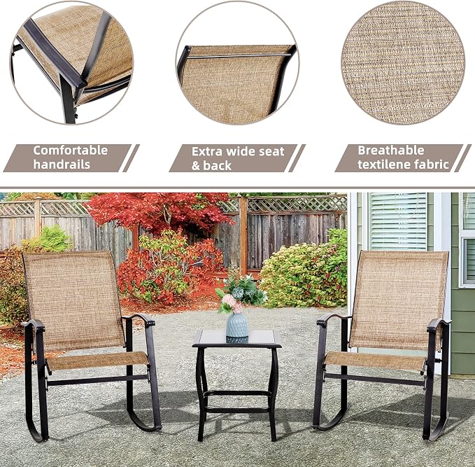 Vongrasig 3 Piece Outdoor Rocking Bistro Set, Textilene Fabric Small Patio - Image 4