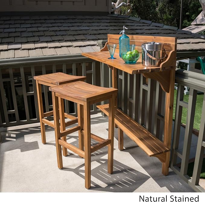 Christopher Knight Home Caribbean Outdoor Acacia Wood Balcony Bar Set, 3-Pcs Set - Image 3