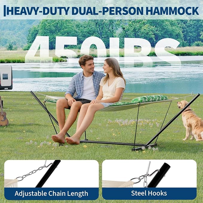 Double Hammock with Heavy-Duty Steel Stand, 2 Person Portable Hammock, 450LBS - Image 3