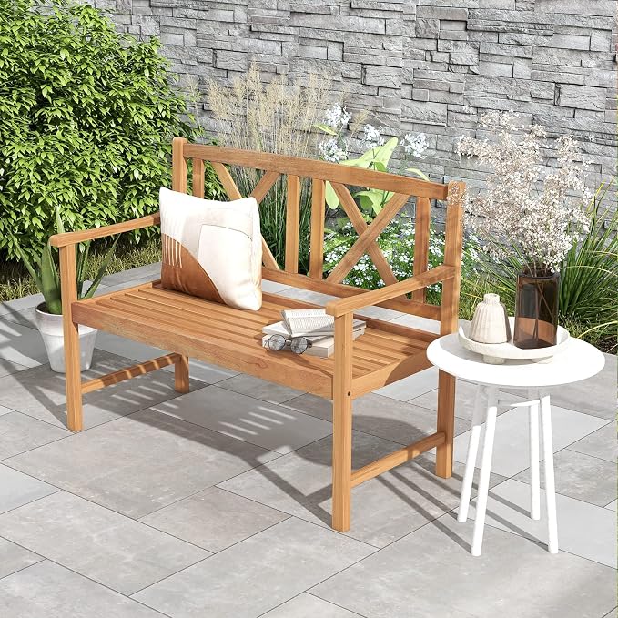 COSTWAY Outdoor Wooden Bench, Outdoor Acacia Wood Loveseat - Image 2