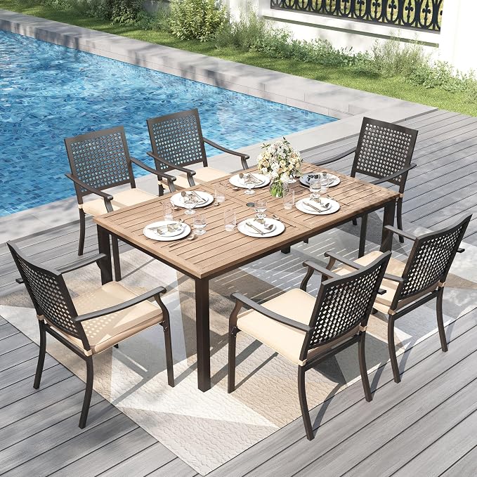 PHI VILLA 7 Pieces Outdoor Set for 6, 65” Wood-Like Metal Steel Dining Table & - Image 2
