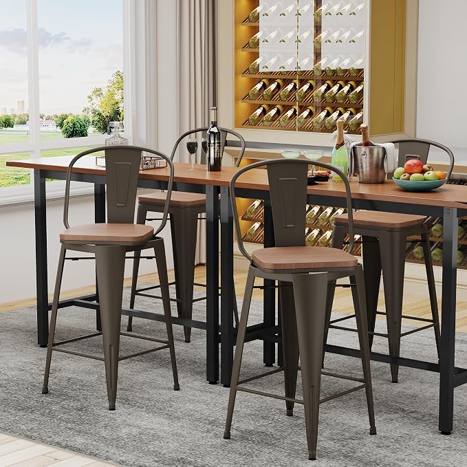 Alunaune 26" Swivel Metal Counter Height Bar Stools Set of 4 High Back - Image 3