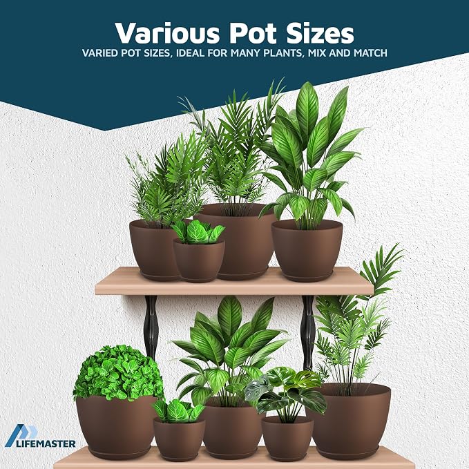 Brown Plant Pots with Drainage Holes & Saucers 15 Pack, Indoor & Outdoor - Image 4