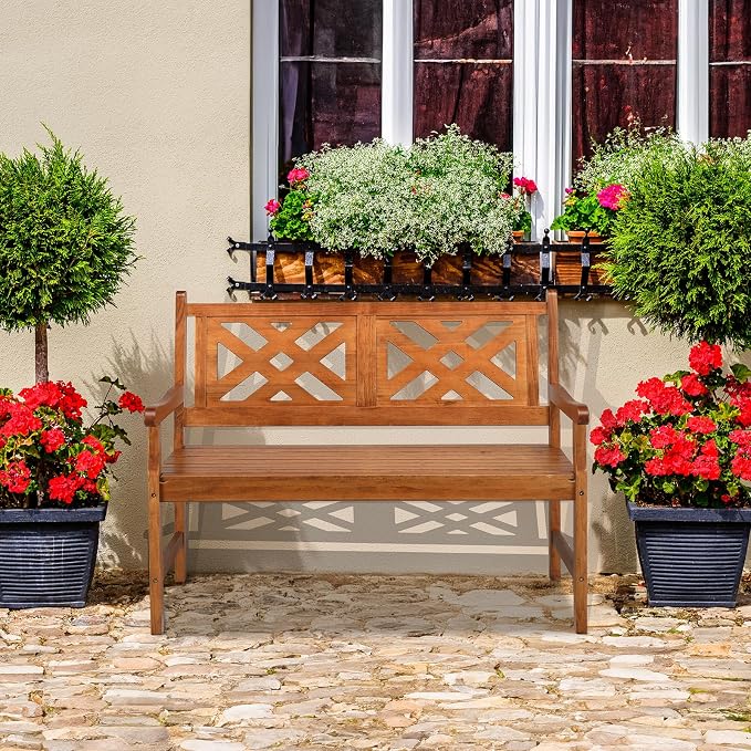 VINGLI 50" Outdoor Wood Bench, Weatehr Resistant Wooden Garden Patio Bench - Image 8