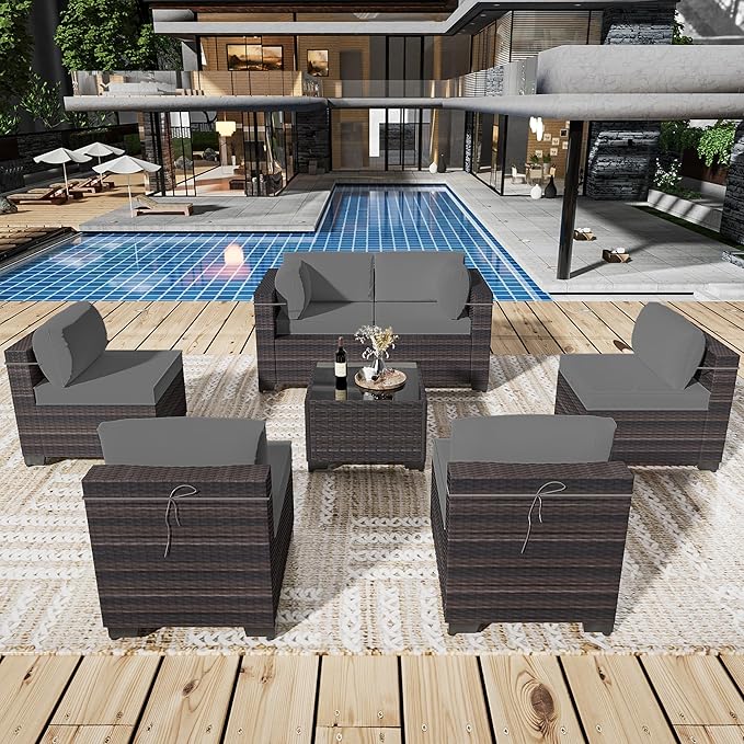 Outdoor Patio Furniture Set, 7 Pieces Outdoor Sectional Furniture Patio Sofa by ASJMR