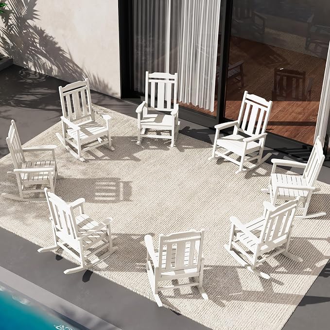 SERWALL Outdoor Rocking Chair White Set of 8, All Weather Patio Rocking Chair by SERWALL