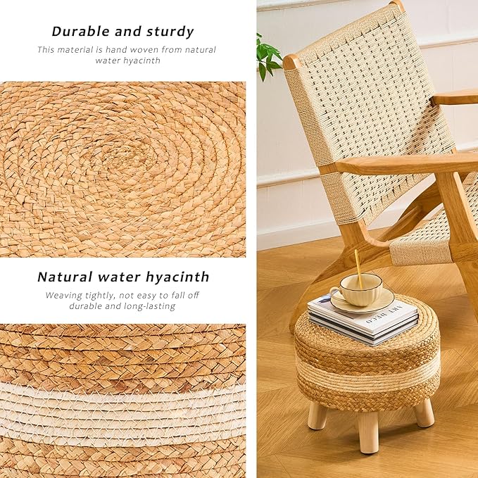 Handwoven Round Ottoman, Natural Water Hyacinth Outdoor Patio Pouf Seagrass Low - Image 6