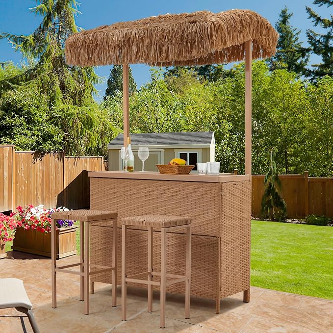 HOMREST Outdoor Tiki Bar Set, 3 Pieces Wicker Patio Bar Set w/2 Height Stools - Image 8