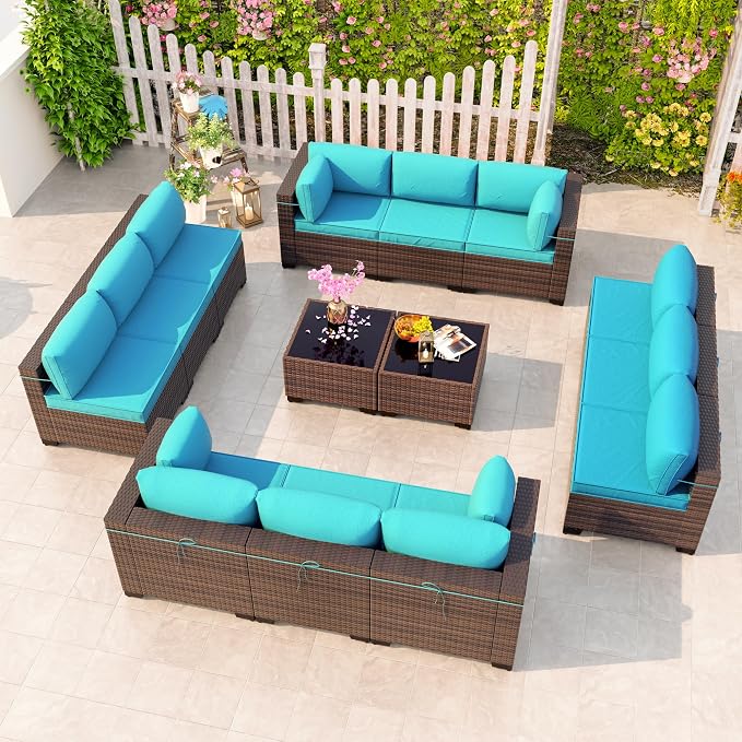 Kullavik 14 Pieces Outdoor Patio Furniture Set, Sectional Rattan Sofa Set Brown by KULLAVIK