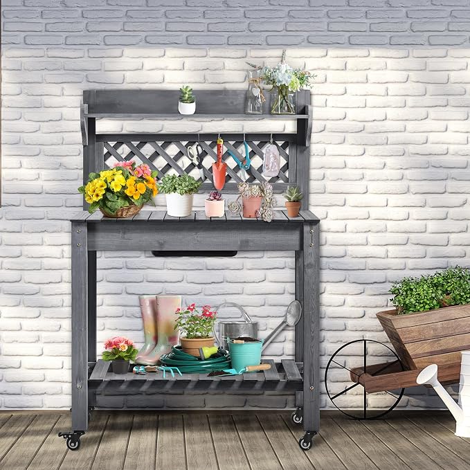 Yaheetech Potting Bench Table Outdoor Garden Potting Table Wooden Workstation - Image 7