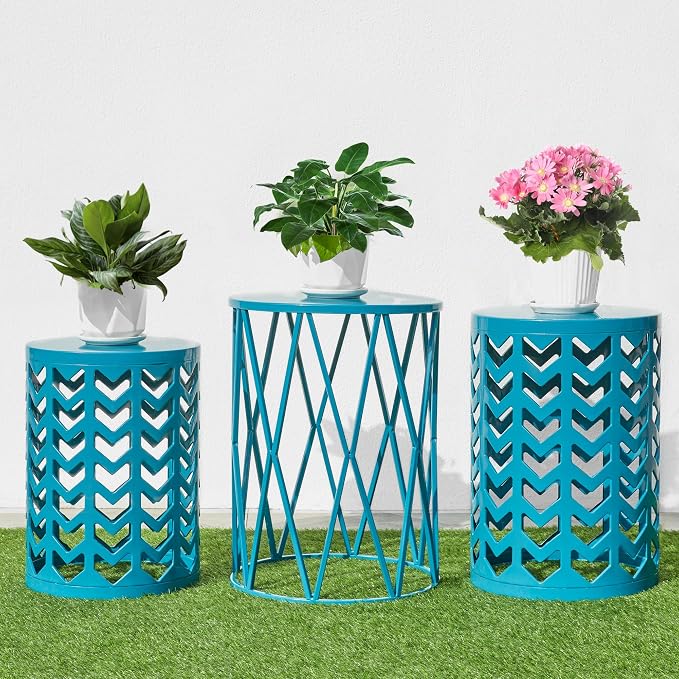 Nesting Side Table Set of 3 Decorative Round Garden Stools - Image 2