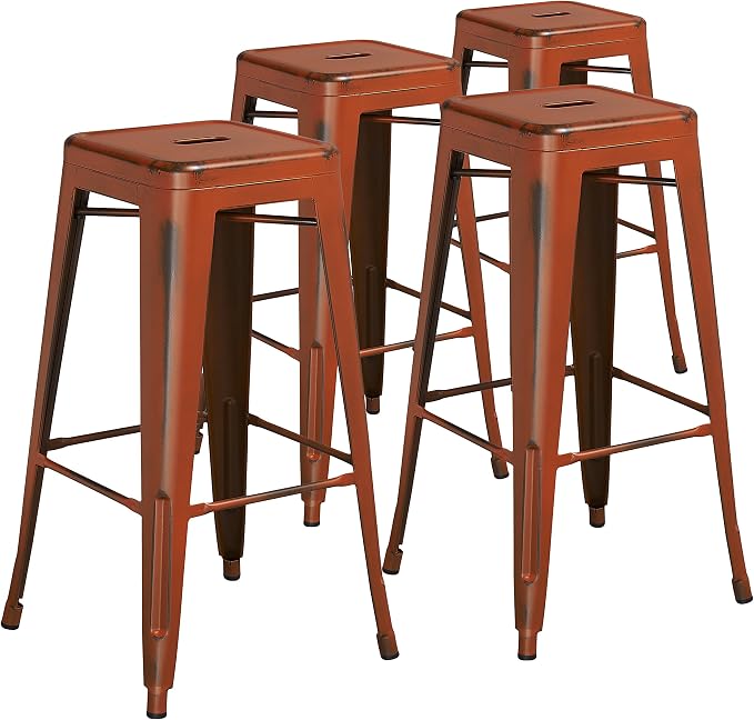 Flash Furniture Kai Commercial Grade 4 Pack 30" High Backless Distressed Orange by FlashFurniture