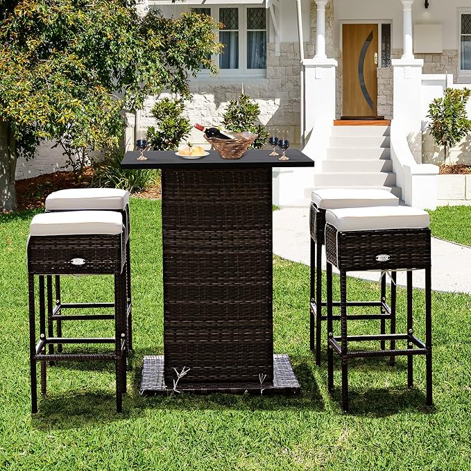 Tangkula 5 Piece Outdoor Rattan Bar Set, Patio Bar Furniture - Image 3