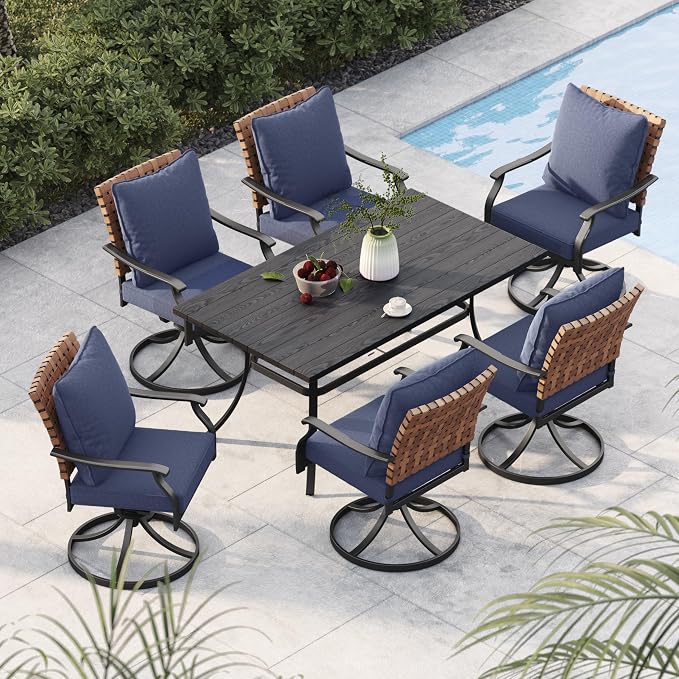 Grand patio 7-Piece Outdoor Dining Set, 6 Leather-Look Wicker Swivel Blue Patio by GrandPatio