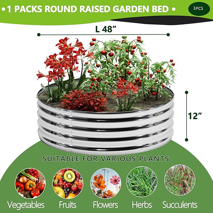 3PCS 4x4x1FT Galvanized Raised Garden Bed Kit, Vegetable Boxes-Round Metal - Image 2
