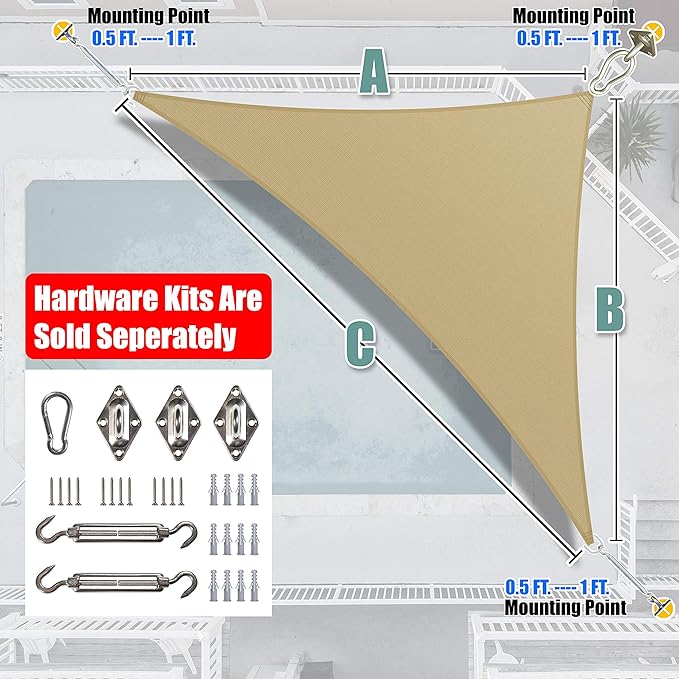 Amgo Custom Size 10' x 18' x 20.6' Sand Beige Right Triangle Sun Shade Sail - Image 8