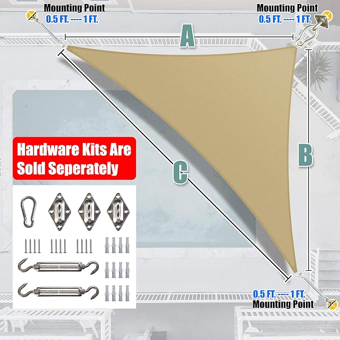 Amgo Custom Size 11' x 16' x 19.4' Sand Beige Right Triangle Sun Shade Sail - Image 8