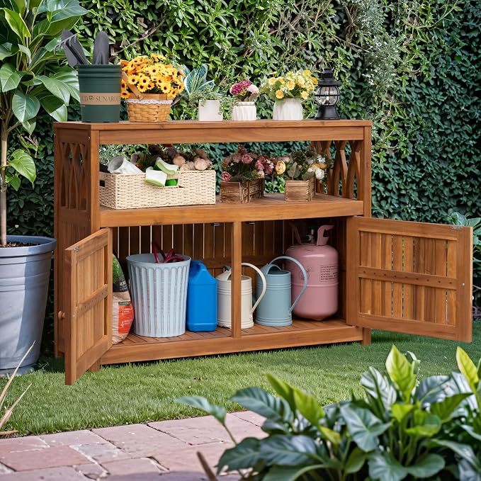 Greesum 2-Tier Outdoor Storage Cabinet in Acacia Wood, - Image 4