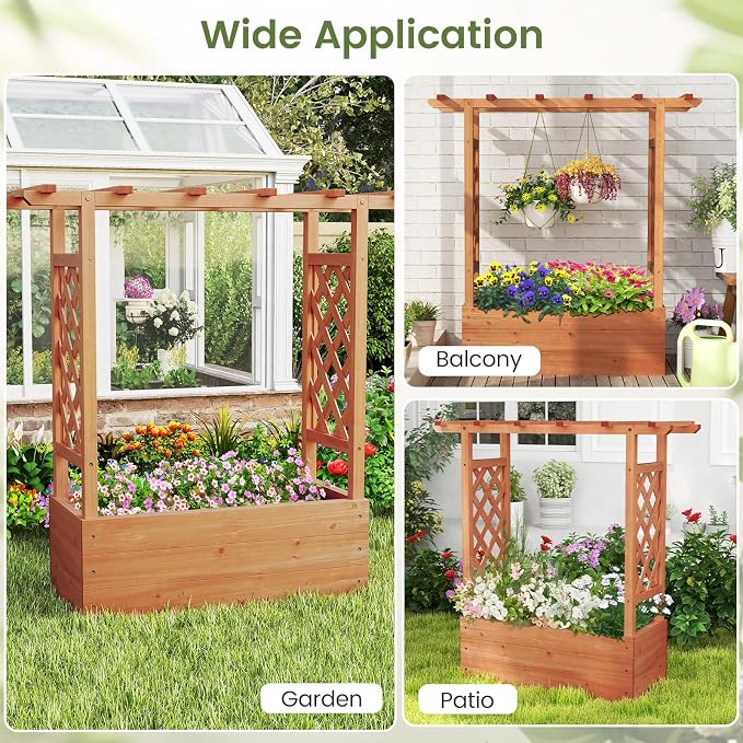 Giantex Raised Garden Bed with 2-Sided Trellis & Hanging Roof, Fir Wood Planter - Image 7
