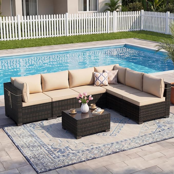 LEVELEVE 7 Pieces Outdoor Patio Furniture Sets, Rattan Conversation Sectional - Image 6