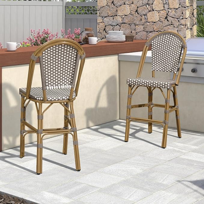 PURPLE LEAF French Bar Stool Set of 2 Bamboo Print Finish Patio Bar Stools - Image 9