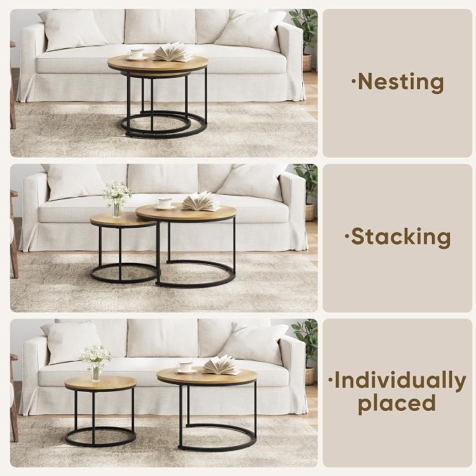 Smuxee Nesting Coffee Table Set of 2, 27.6" Round Coffee Table Wood Grain Top - Image 6