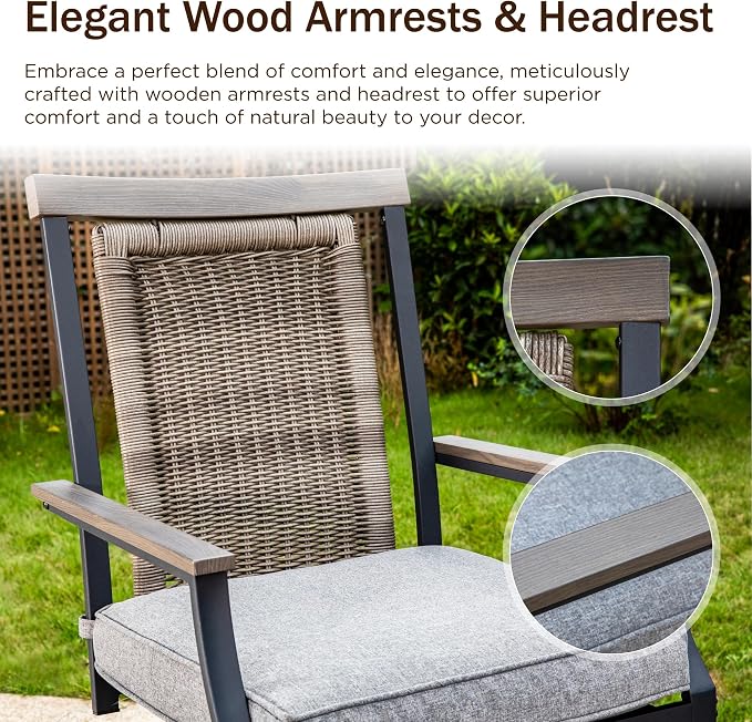 PHI VILLA Outdoor Swivel Bar Stools Set of 4, Rattan Backrest and Wood-Like - Image 7