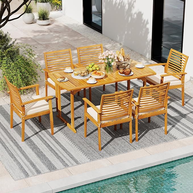 Tangkula 7 Piece Patio Acacia Wood Dining Set - Image 3
