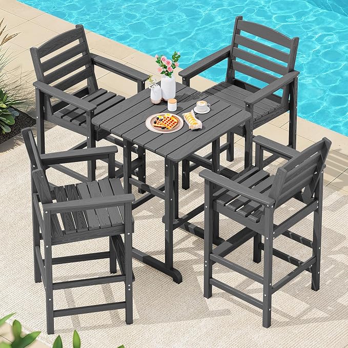 SERWALL 5 Pieces Outdoor Patio Bar Set, Tall Adirondack Bar Chair and Table Set by SERWALL