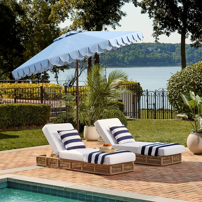 SAFAVIEH 9ft Outdoor Patio Umbrella, Baby Blue & White Trim, Auto Crank Tilt - Image 7
