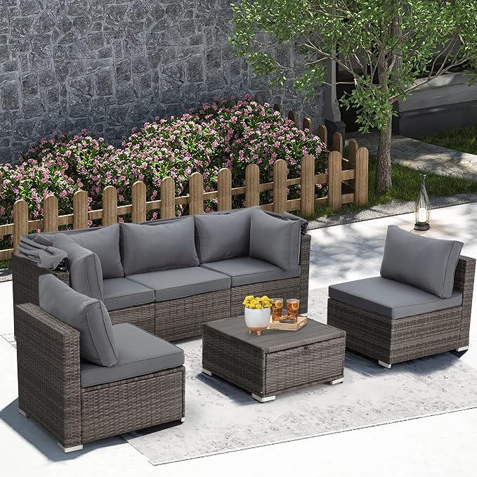Vicluke 6 Pieces Patio Furniture Sets Outdoor Sectional Sofa Set Rattan Daybed - Image 3